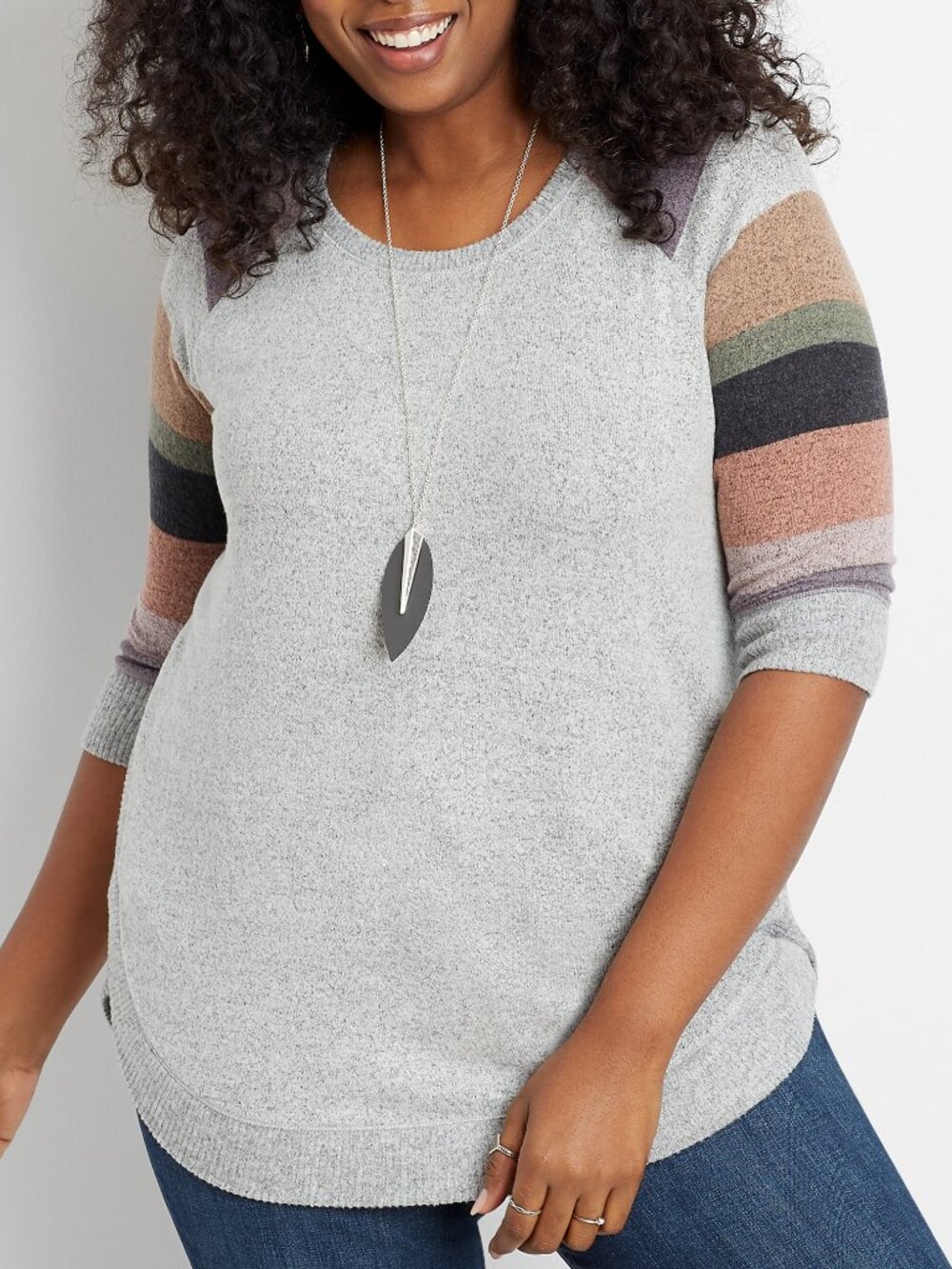 MAURICES Gray Striped Sleeve Round Hem Pullover Colorblock 3/4 Sleeve Knit Top M